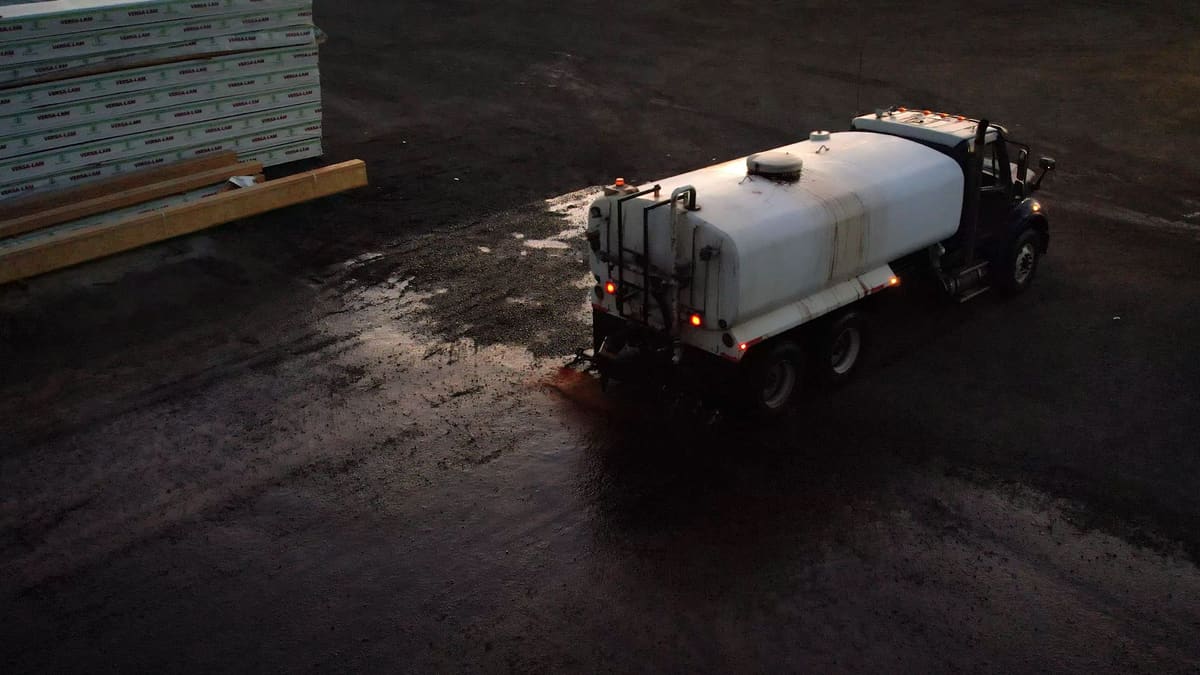 A Rogue Dust Control tanker spraying a gravel lot.