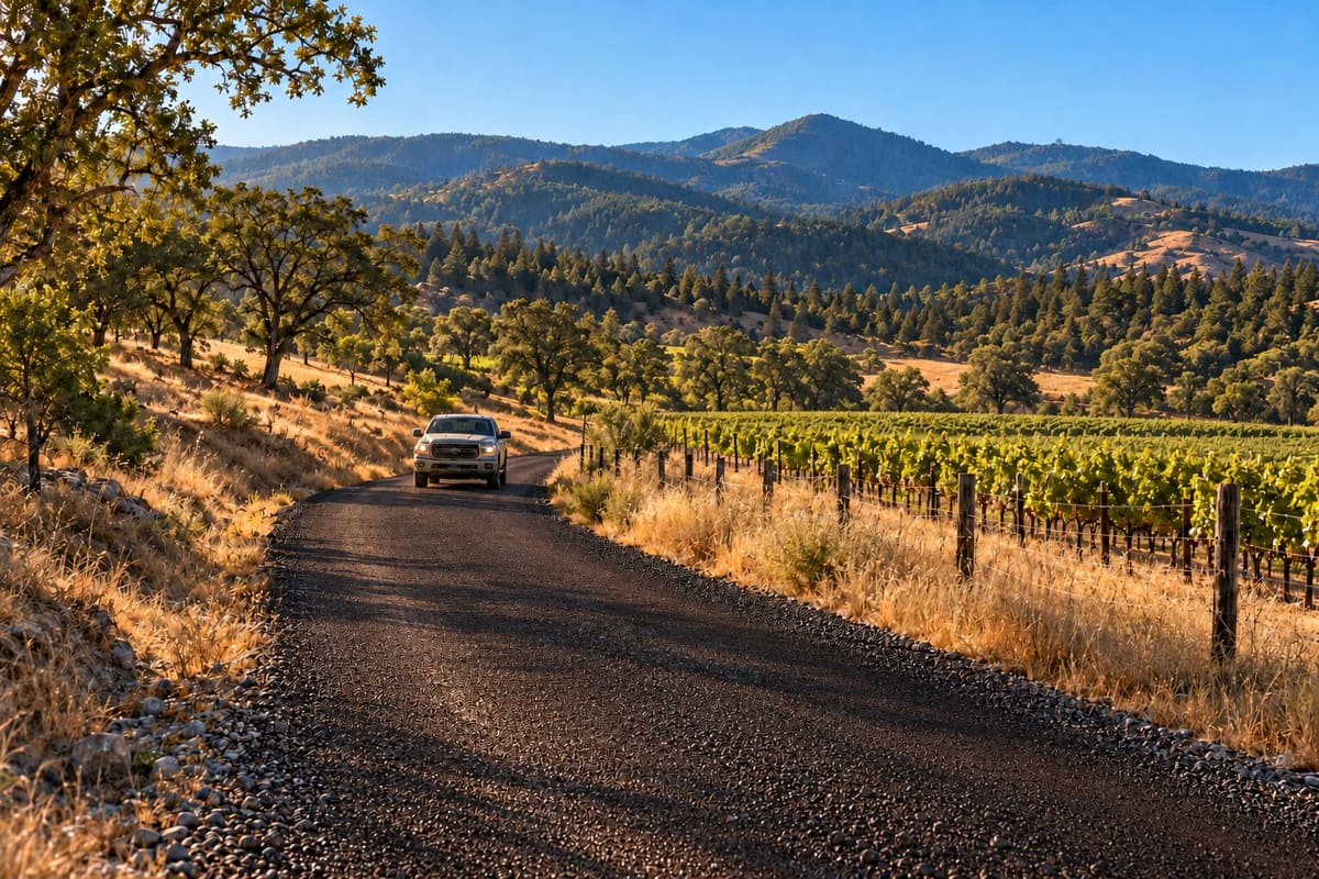After treatment: the gravel road is dark and settled, and the air behind the pickup is clear.