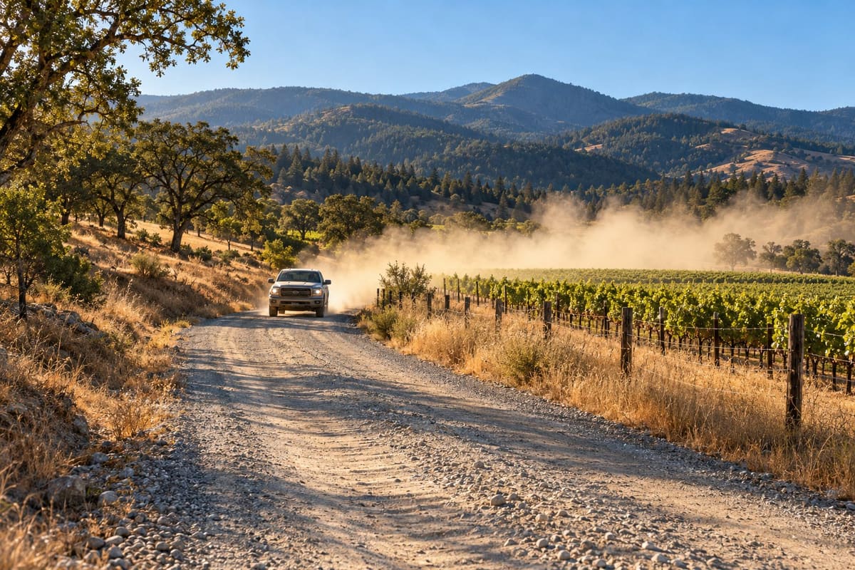 Before: the same gravel road, pale and loose, with a dust cloud rising behind a pickup.